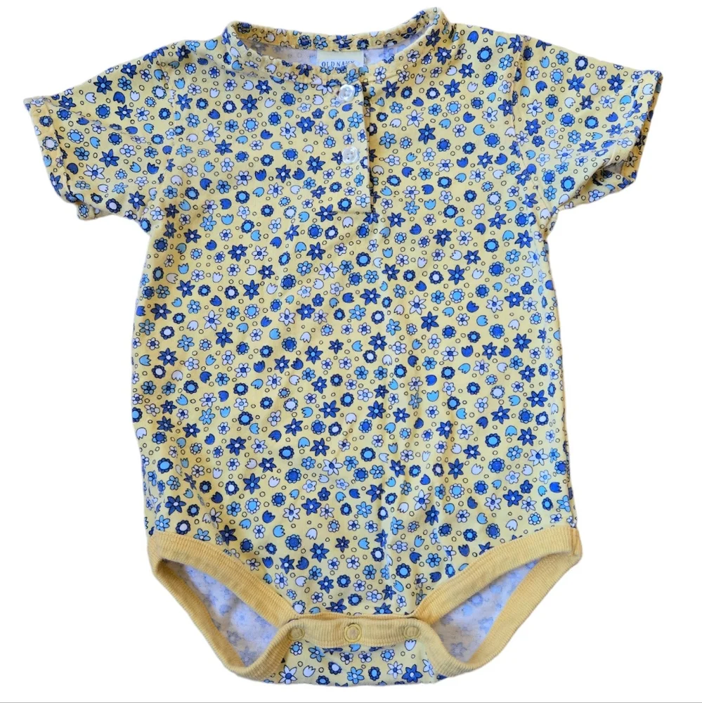 Vintage 1990s Old Navy yellow and blue floral short sleeved onesie